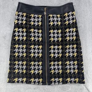 J McLaughlin Keanna Skirt Womens 2 Gold Silver Rustic Embroidered Houndstooth